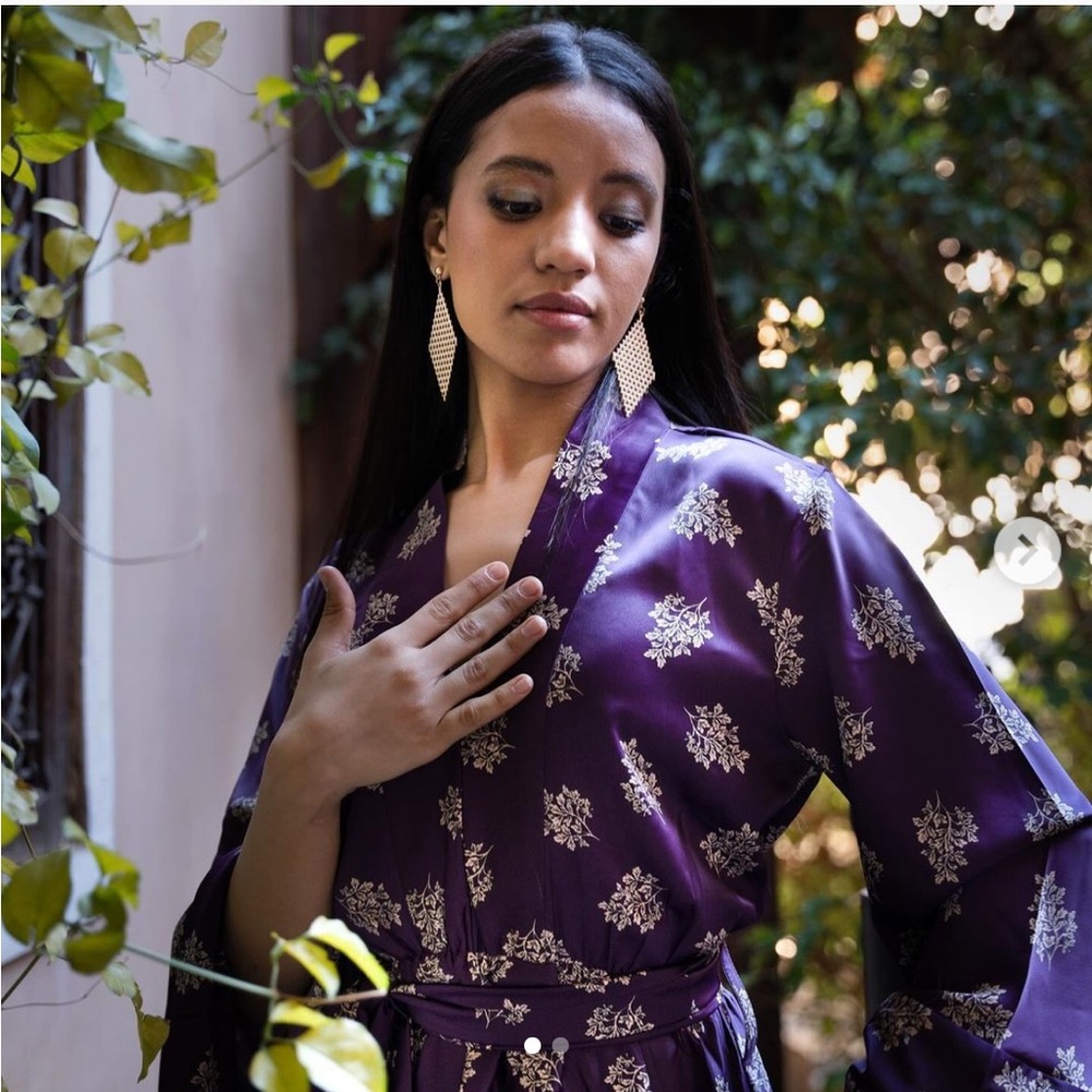 Unique Marrakesh designer brand Purple floral print silk/satin maxi dress gown